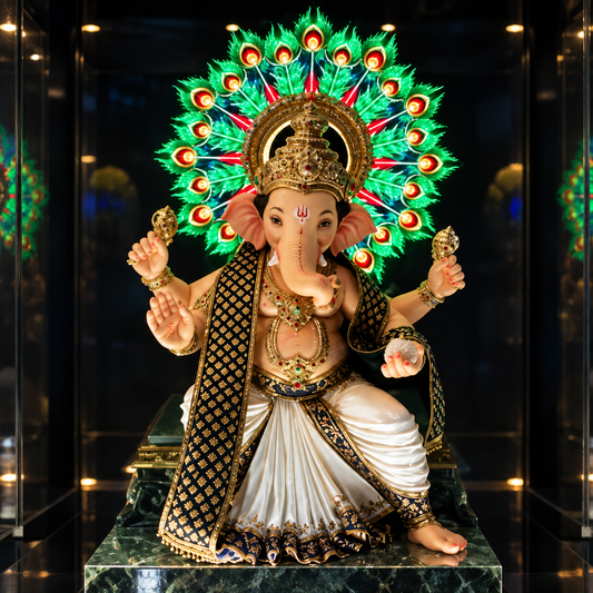 Ganpati Bappa image floating in mid-air above the spinning blade of the 3D hologram fan