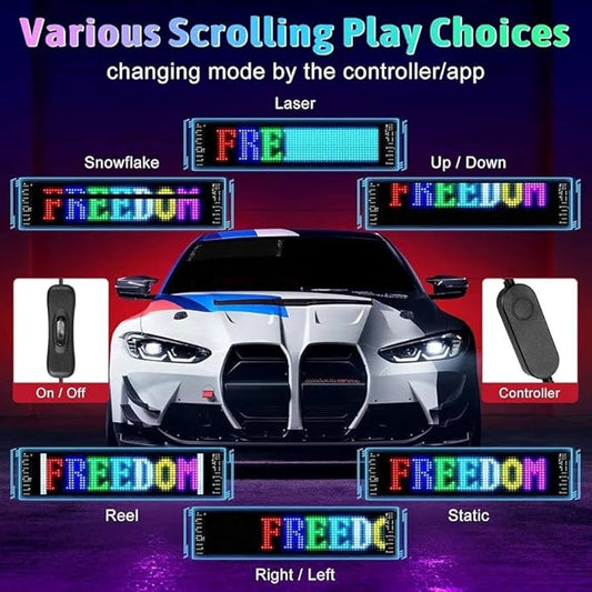 App controlled flexible LED sign on a car rear windshield in India