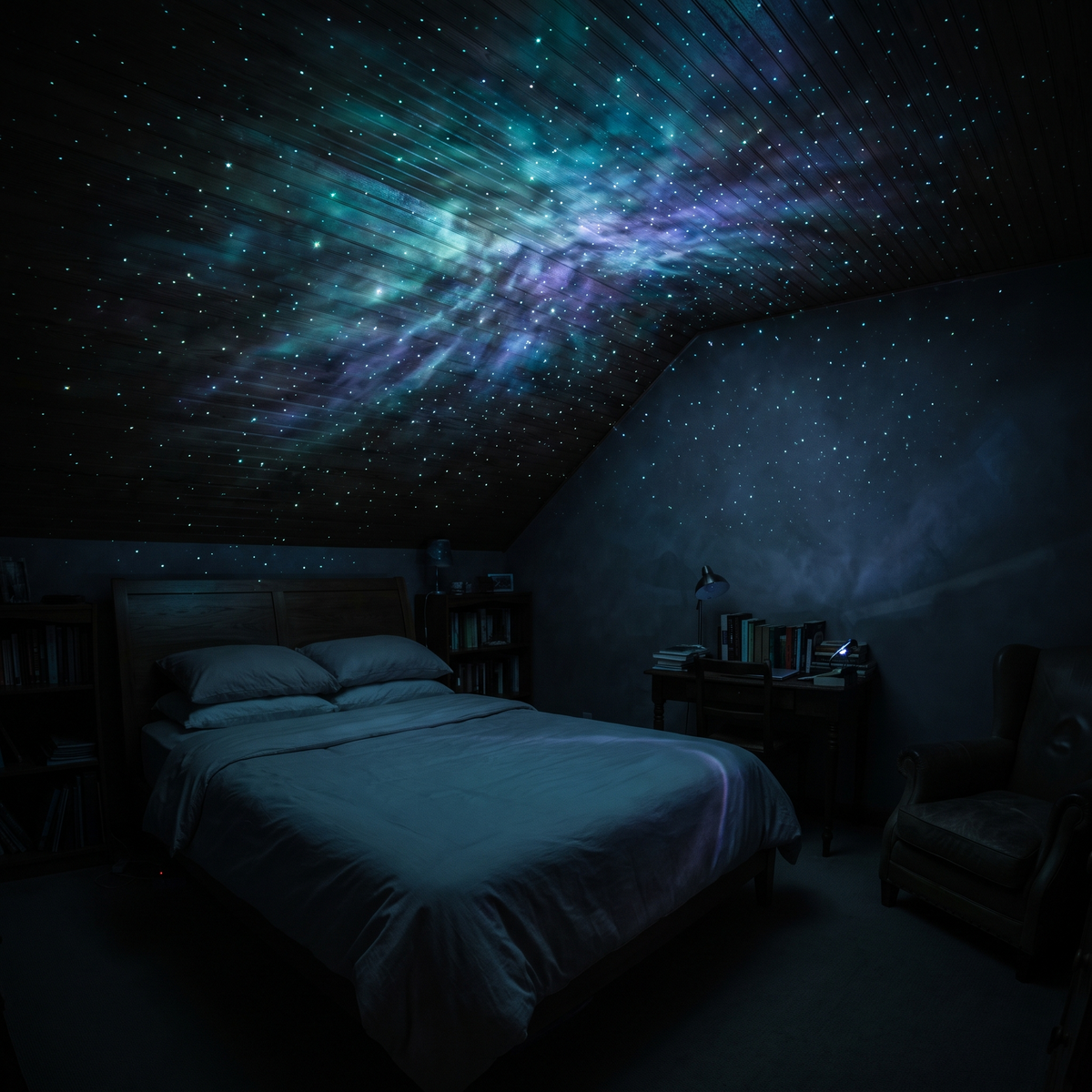 Bedroom ceiling covered in stars and a nebula from a galaxy projector