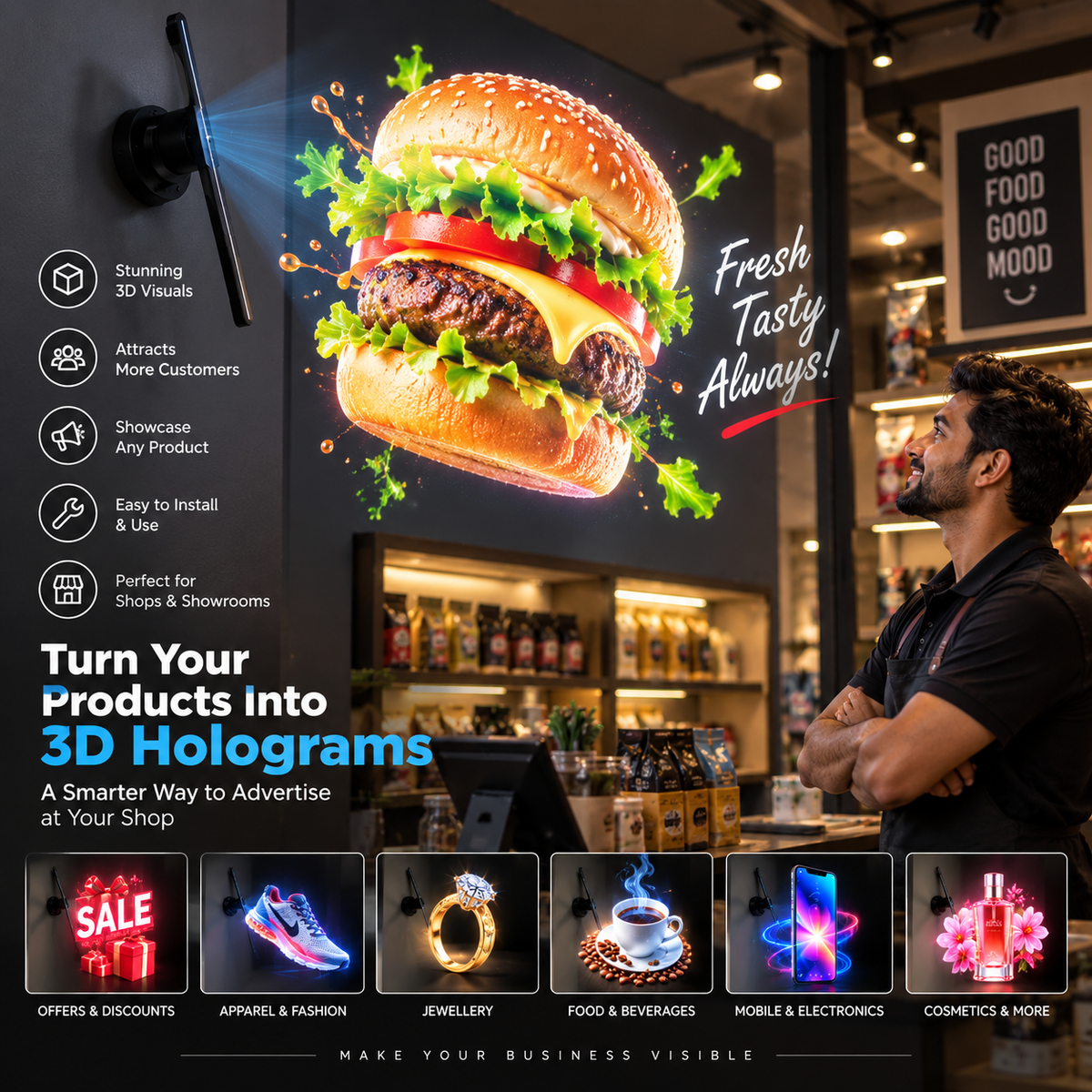 3D hologram fan advertising display in an Indian shop showing a floating burger