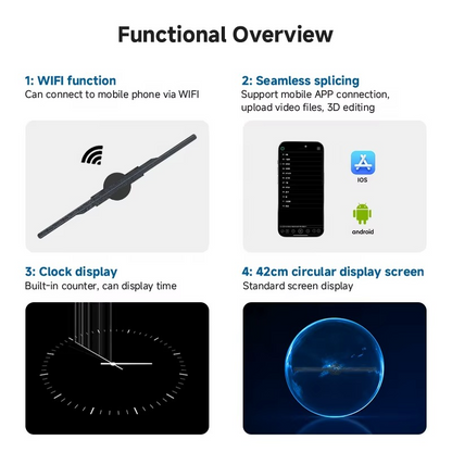 Hologram fan WiFi function, mobile app connection, clock display and 42cm screen