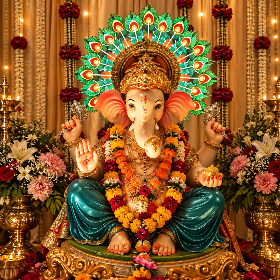 Close view of the Ganpati hologram fan with the 3D deity image and chakra halo formed in open air