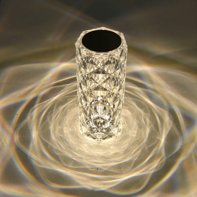 Crystal rose lamp switched off, front view showing the clear cut acrylic rose and base