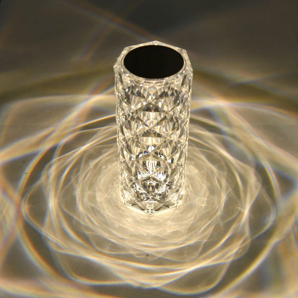 Crystal rose lamp switched off, front view showing the clear cut acrylic rose and base