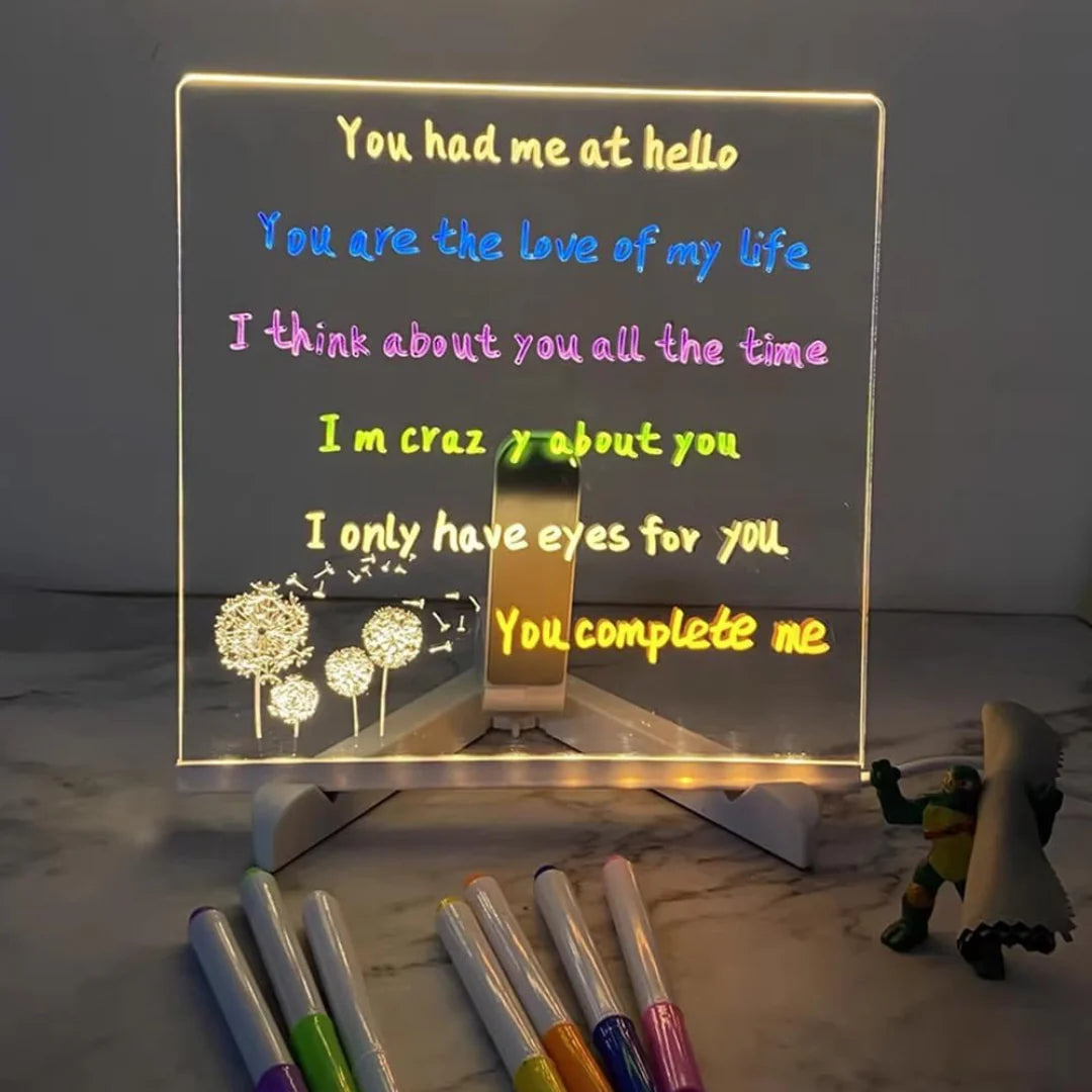 LED Message Board Note with Stand & 7 Neon Pens – Acrylic Glow Memo Board for Office, School, Home, Shop