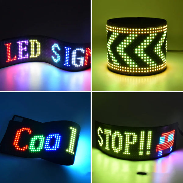 Animated LED text scrolling across the flexible panel in a car window