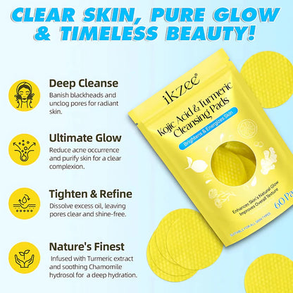 Kojic Acid & Turmeric Natural Cleansing Pads - Brighten Skin, Reduce Dark Spots