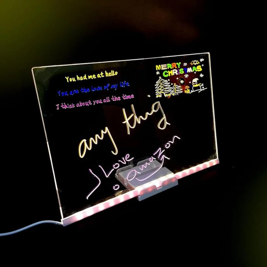 LED Message Board Note with Stand & 7 Neon Pens – Acrylic Glow Memo Board for Office, School, Home, Shop