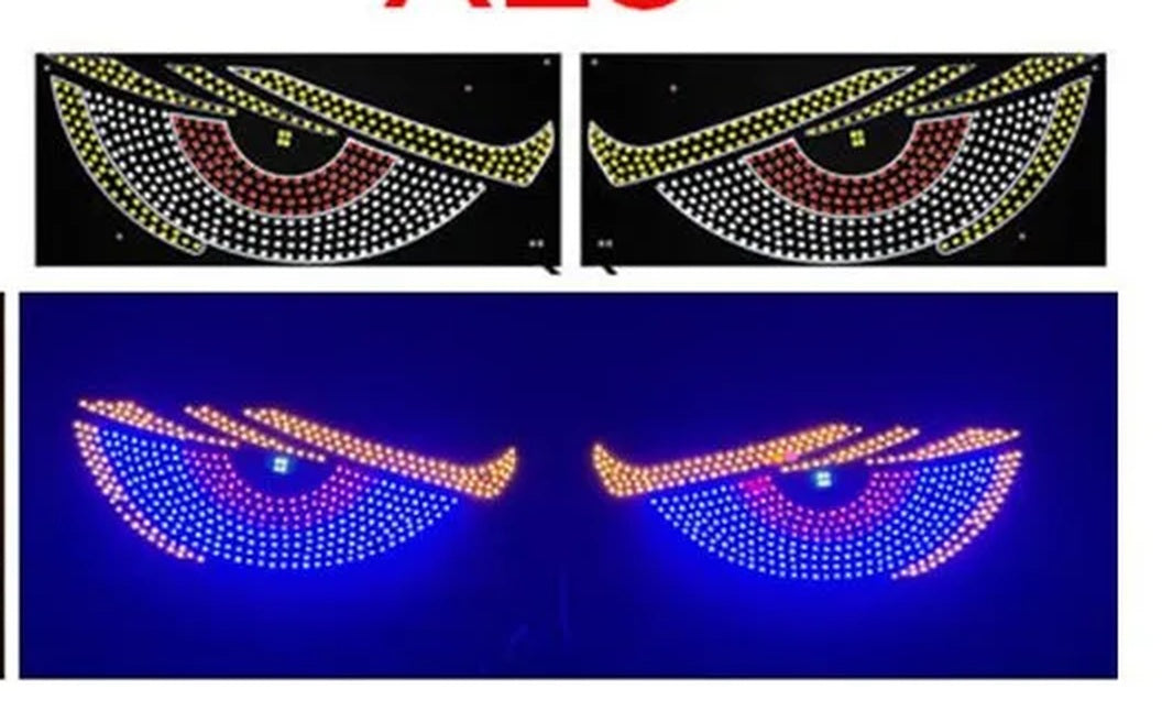 The blue demon eye panels shown unlit in daylight and lit at night