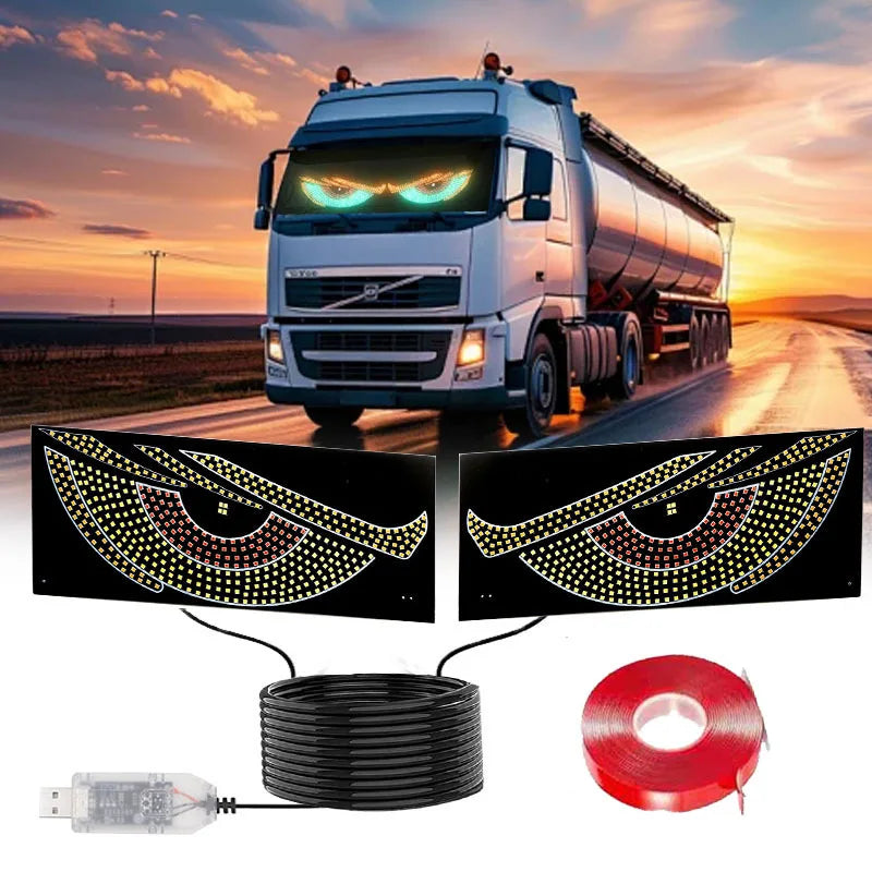Demon eye LED lights glowing on a truck windscreen, with USB lead and mounting tape