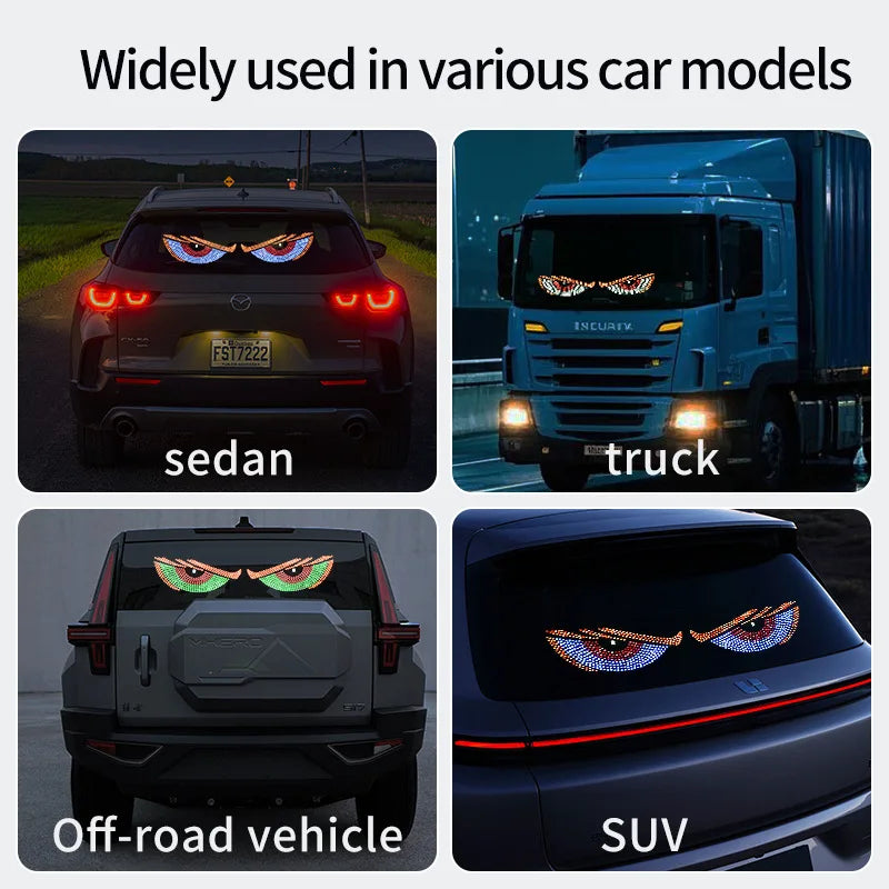 Demon eye LED lights fitted to a sedan, truck, SUV and off-road vehicle