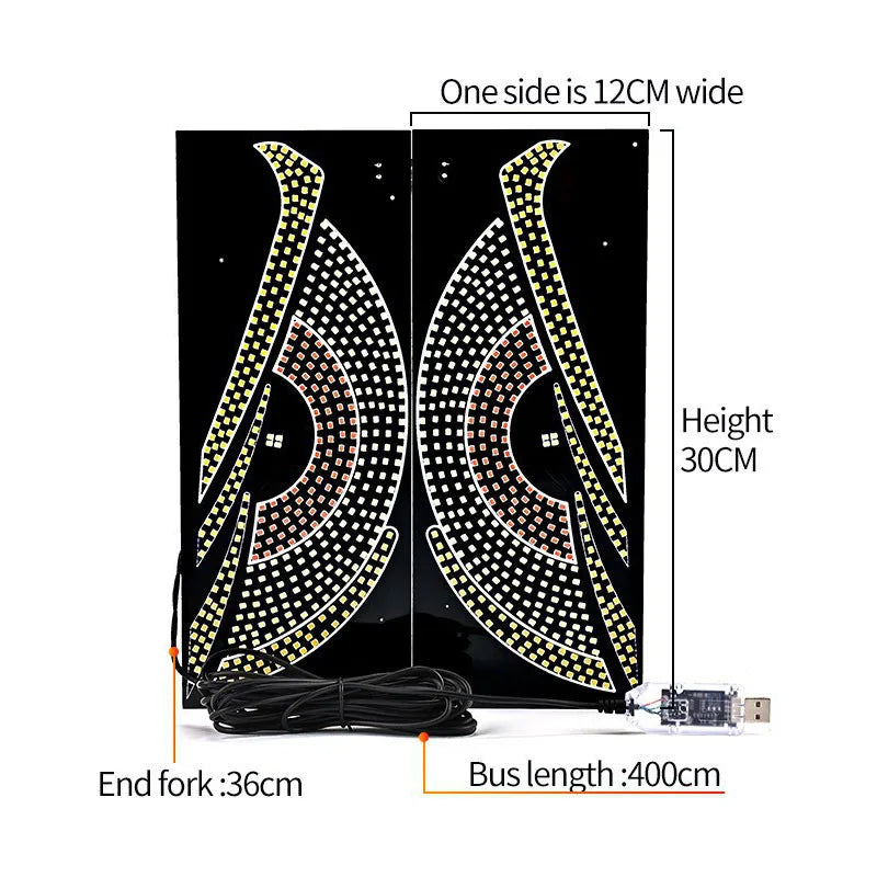 Demon eye LED panel size, 12 by 30 cm each with a 400 cm USB lead