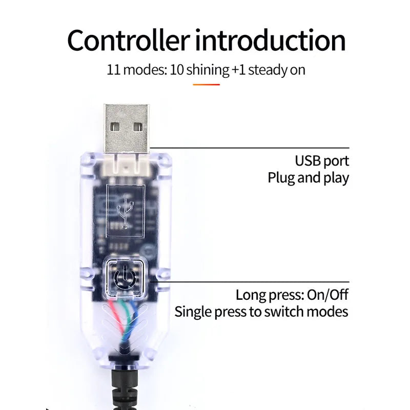 USB inline controller: long press for on and off, single press to change mode