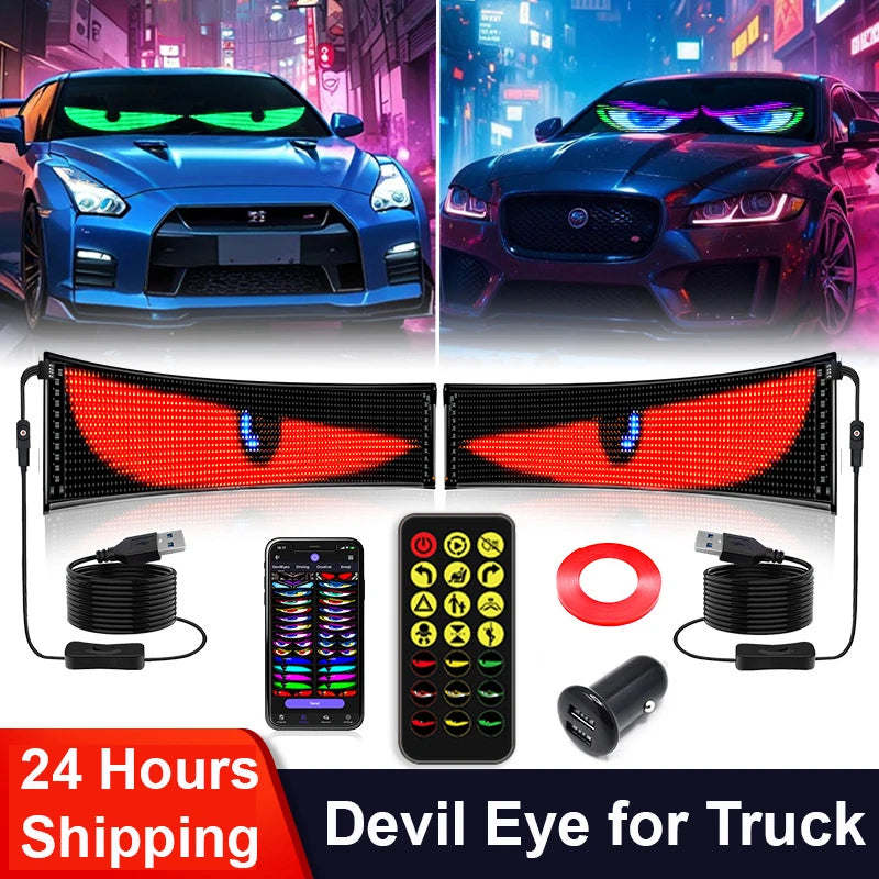 Devil eye LED panels glowing on the windscreen of a car and a truck at night