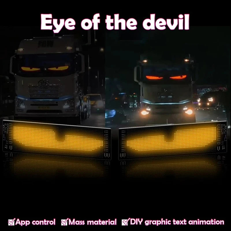 Trucks fitted with red and amber devil eye LED panels on a night road