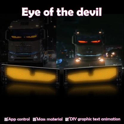Trucks fitted with red and amber devil eye LED panels on a night road