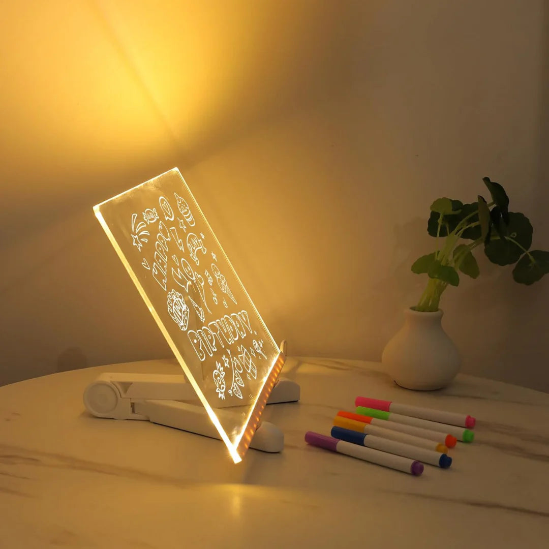 LED Message Board Note with Stand & 7 Neon Pens – Acrylic Glow Memo Board for Office, School, Home, Shop