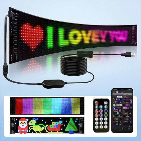 Flexible LED Matrix Pixel Display Panel  glowing with scrolling text