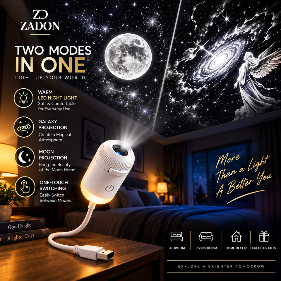 Galaxy projector's two modes: warm LED night light and moon and galaxy projection