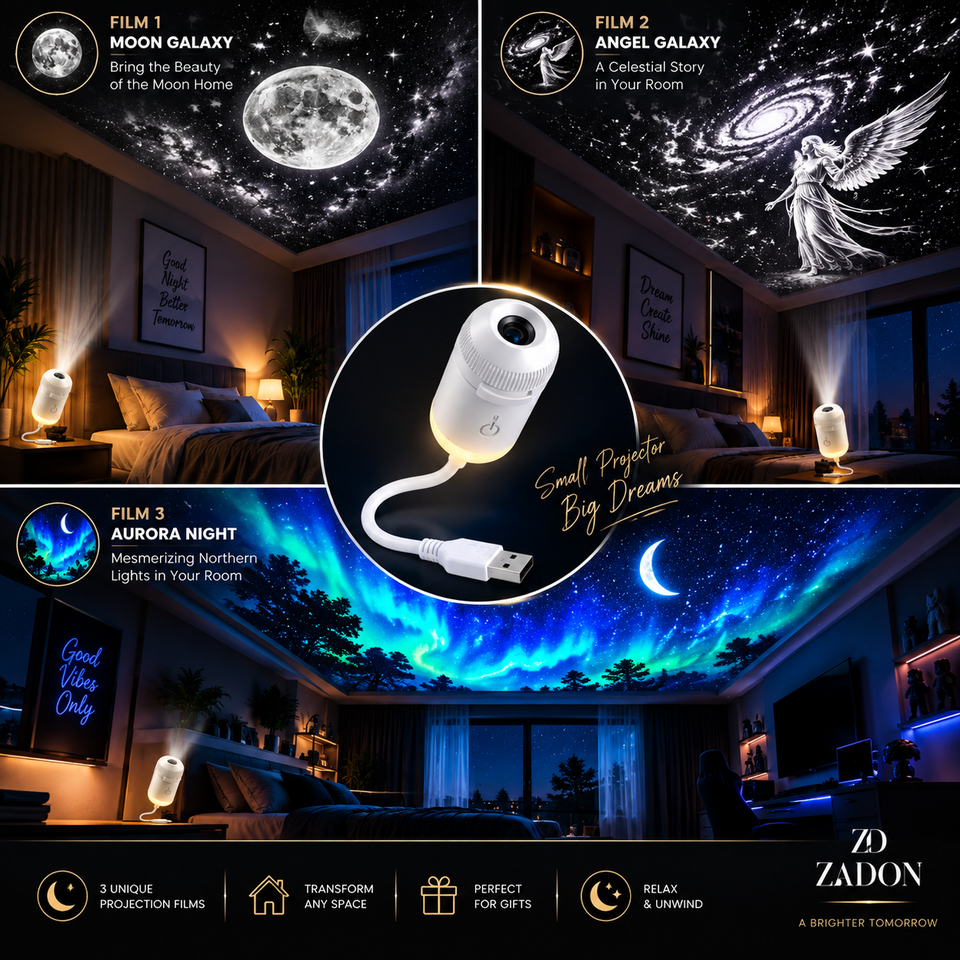 Three galaxy projector films — Moon Galaxy, Angel Galaxy and Aurora Night — projected on a bedroom ceiling