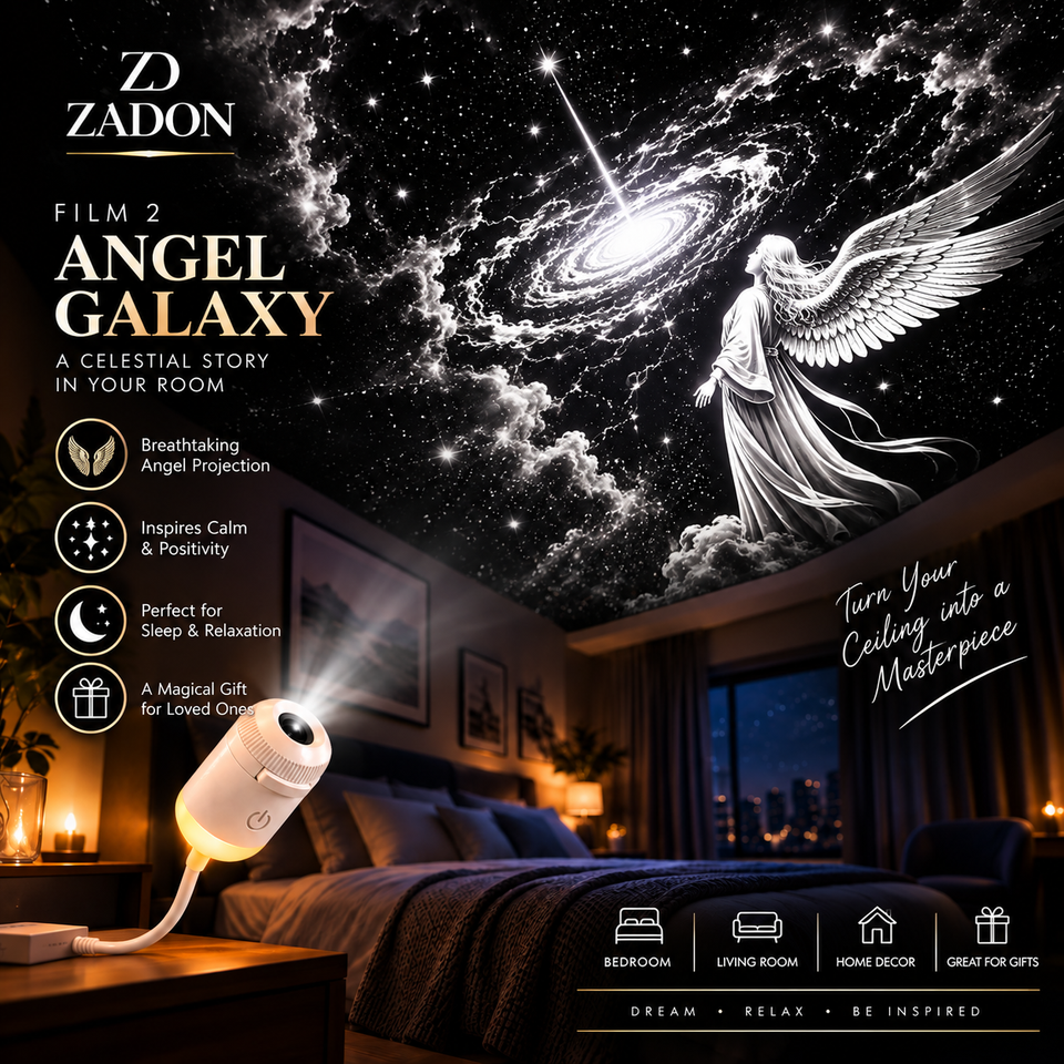 Angel Galaxy film projecting a winged angel and spiral galaxy onto a bedroom ceiling
