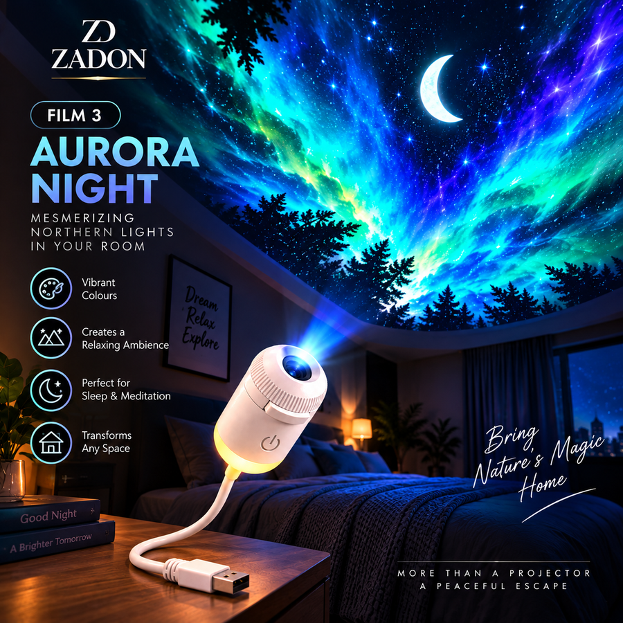 Aurora Night film projecting northern lights and a crescent moon across a bedroom ceiling