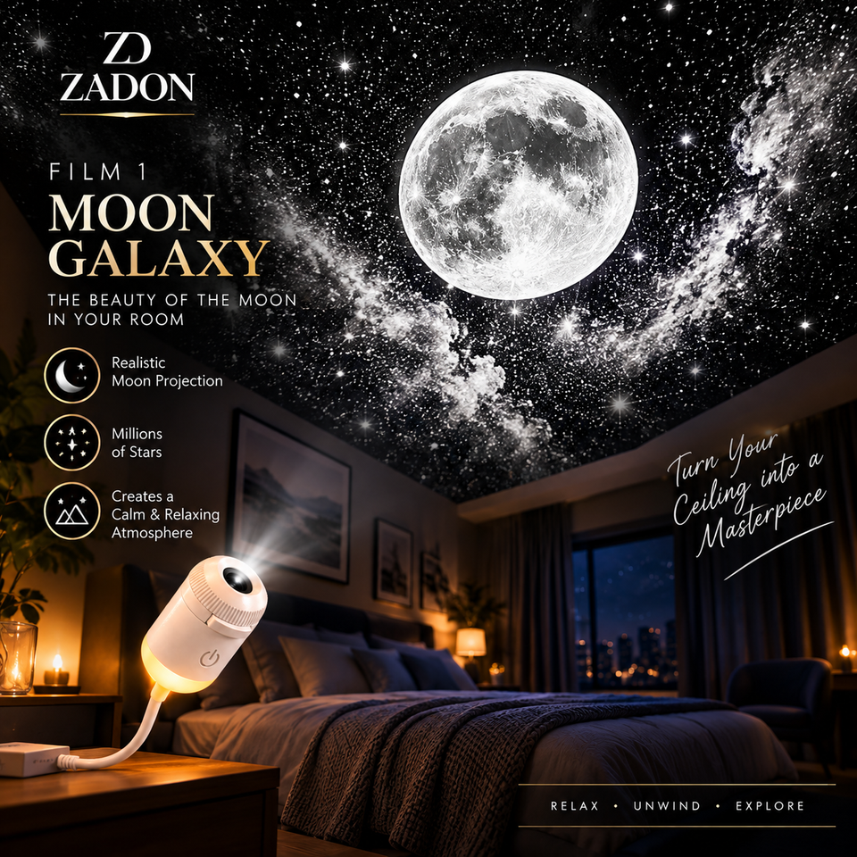 Moon Galaxy film projecting a full moon and a field of stars onto a bedroom ceiling