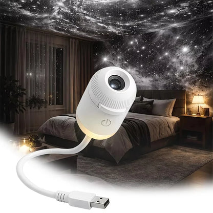 USB galaxy star projector with warm night light base, stars across a bedroom ceiling