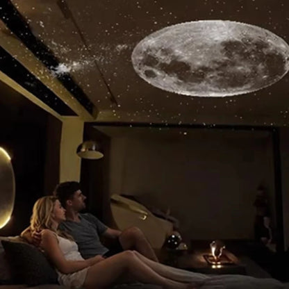 Moon and starfield projected on a bedroom ceiling at night
