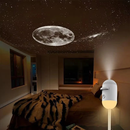 Star projector lighting a whole bedroom ceiling with moon and nebula
