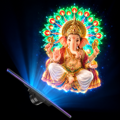 Ganpati 3D hologram chakra floating above a 42cm LED fan with peacock feather halo