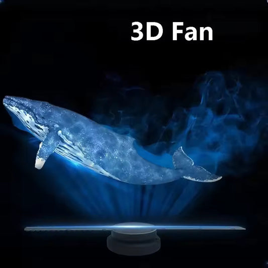 42cm gaming hologram fan running a floating 3D animation in a dark gaming room