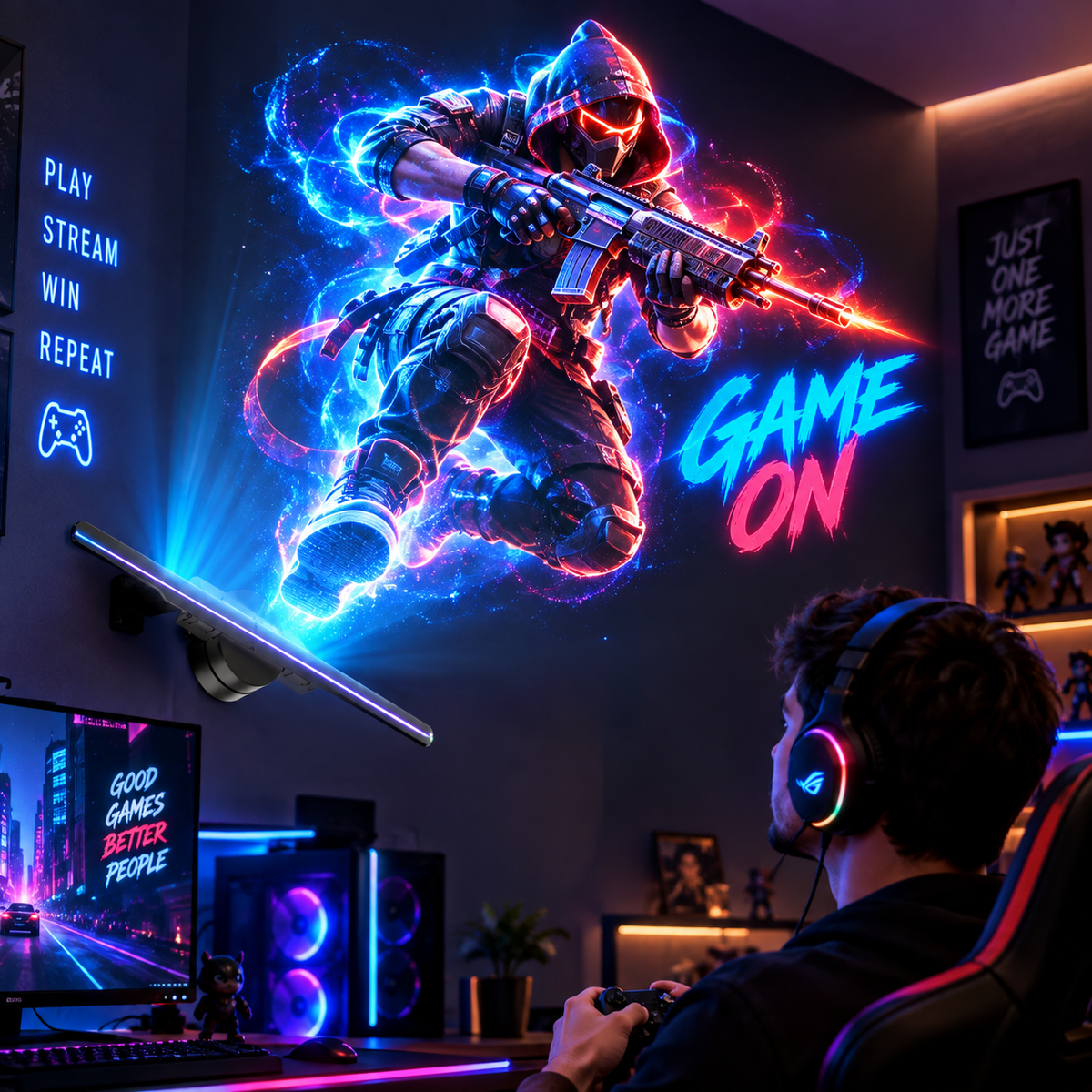 3D hologram fan above a gaming battlestation projecting a neon game character