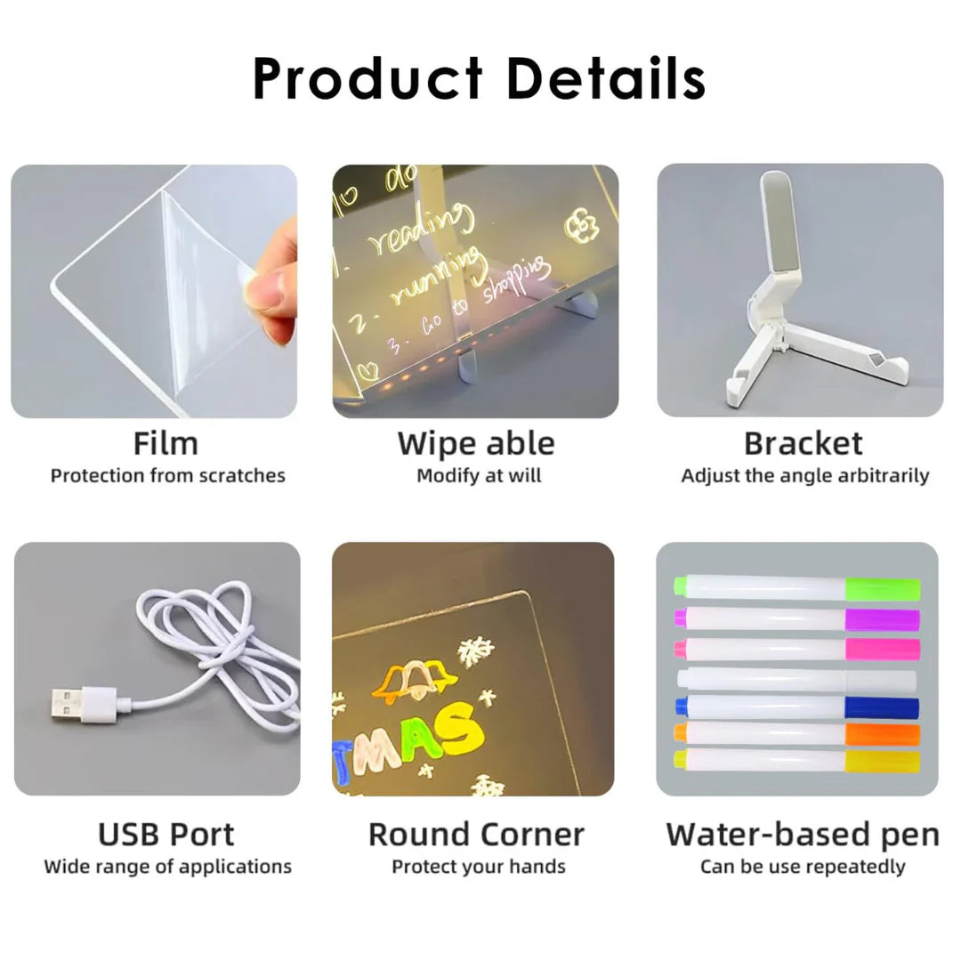 LED Message Board Note with Stand & 7 Neon Pens – Acrylic Glow Memo Board for Office, School, Home, Shop