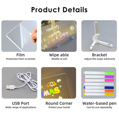 LED Message Board Note with Stand & 7 Neon Pens – Acrylic Glow Memo Board for Office, School, Home, Shop