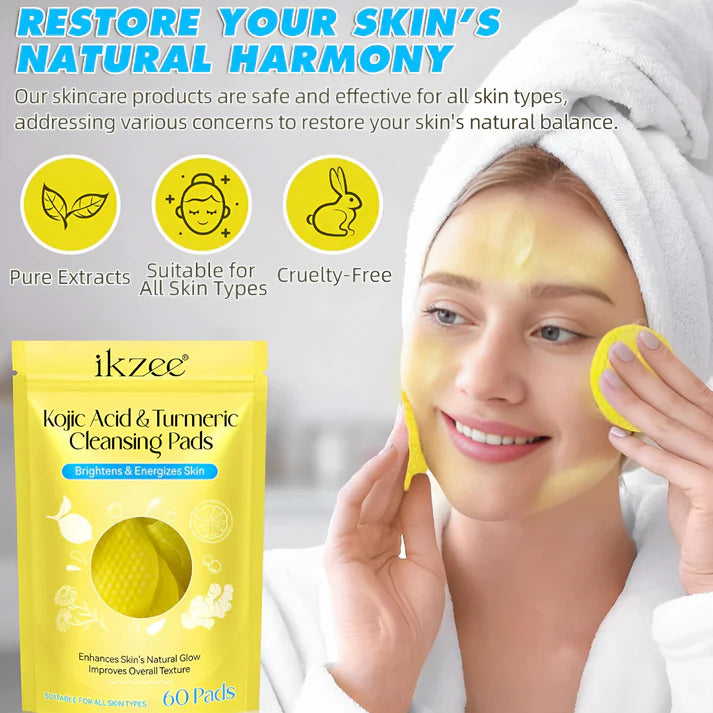 Kojic Acid & Turmeric Natural Cleansing Pads - Brighten Skin, Reduce Dark Spots