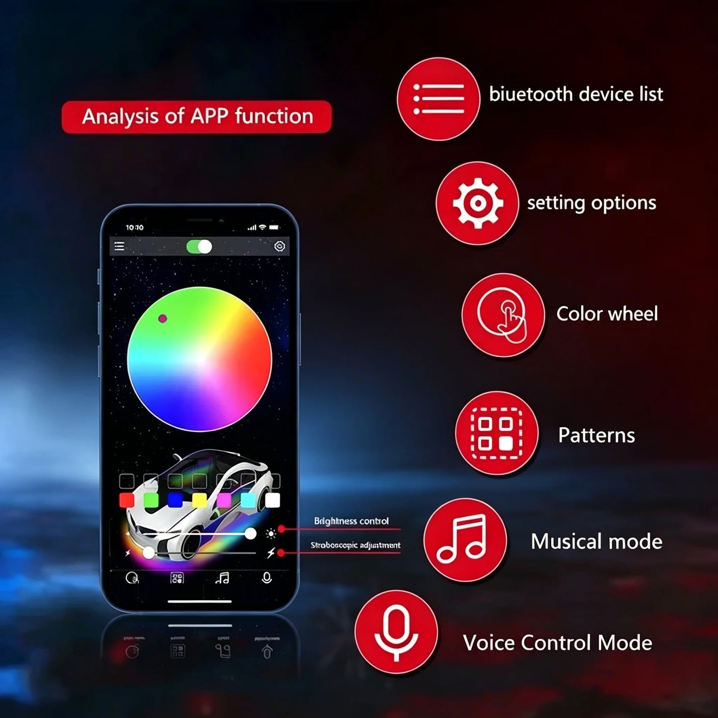 Bluetooth app controlling car floor mat light colour, patterns and music mode