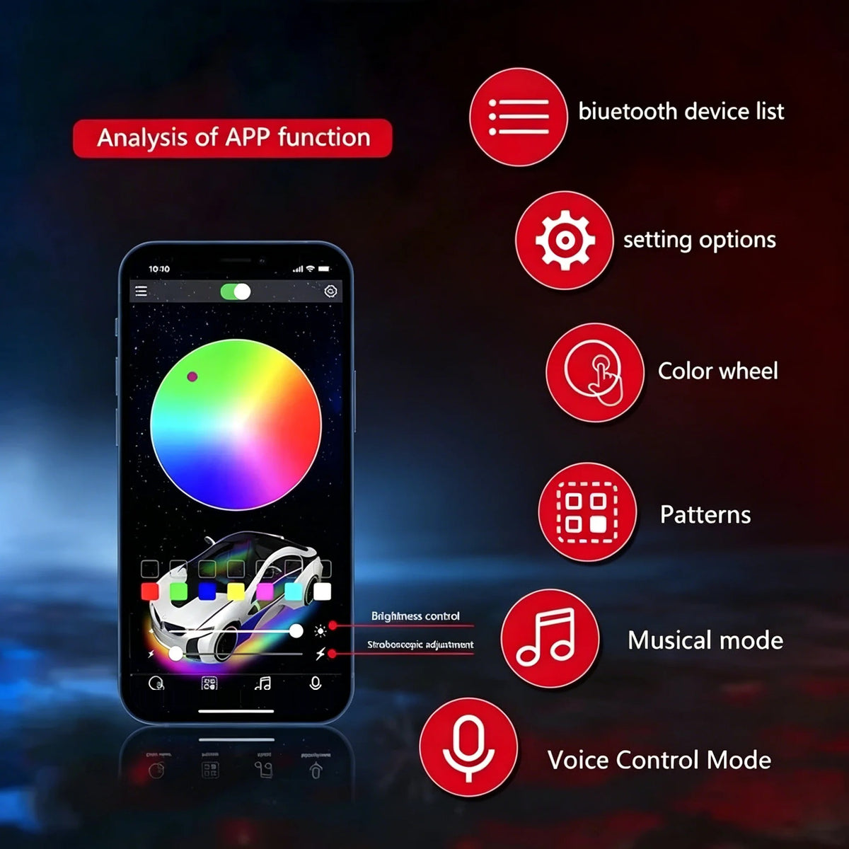 Bluetooth app controlling car floor mat light colour, patterns and music mode