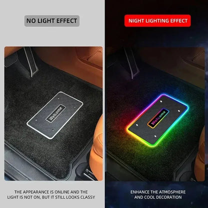 LED floor mat light unlit in daylight and glowing at night