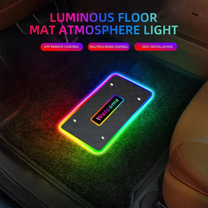 LED car floor mat light glowing RGB in a car footwell at night
