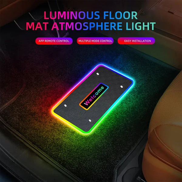 LED car floor mat light pad glowing RGB in a dark car footwell at night