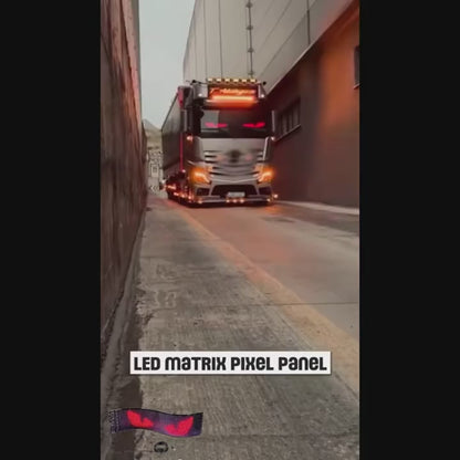 Devil eye LED matrix panels running on trucks and cars at night, showing animated eyes in red, amber and purple