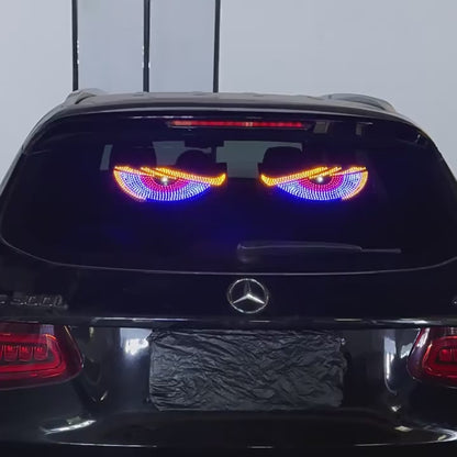 Blue demon eye LED lights running on a car rear windscreen, showing the flashing modes and the USB button control