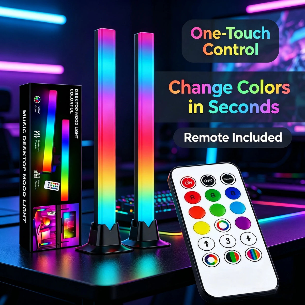 Pair of RGB light bars on stands with remote control on a gaming desk